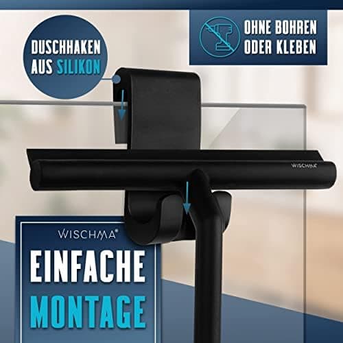 Silikon-Duschabzieher Schwarz - Bohrlochlose Halterung für Dusche, Edelstahl-Kern, Glasabzieher ohne Stripes