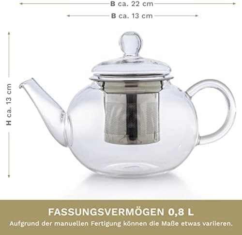 Creano Glas Teekanne 1,2l + Edelstahl Stövchen, ideal für Teezubereitung mit Losen Blüten
