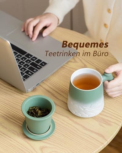 ZENS Teetasse mit Deckel und Teesieb für Tee Liebhaber bei\viewschiebung und Atemluft, 450ml, Große Holzgriff Matte Kera