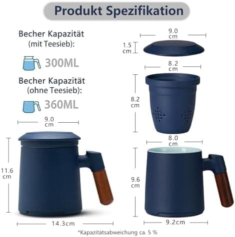 ZENS Teetasse mit Deckel und Sieb Geschenke für Teeliebhaber Matte Keramik 360 ml Holzgriff
