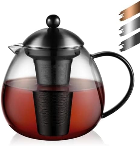 Glastal Schwarzes Teekännchen 1500ml Edelstahl Sieb Borosilicatglas geeignet für Teewärmertop
