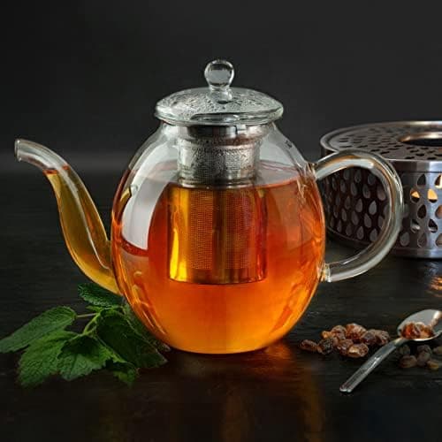 Creano Glas Teekanne 1,2l + Edelstahl Stövchen, ideal für Teezubereitung mit Losen Blüten