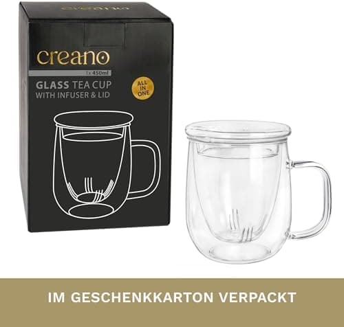 Creano Teeglas All-In-One, große Teetasse mit Sieb und Deckel aus Glas für Tee liebende Frauen und Männer bei jeder Gele