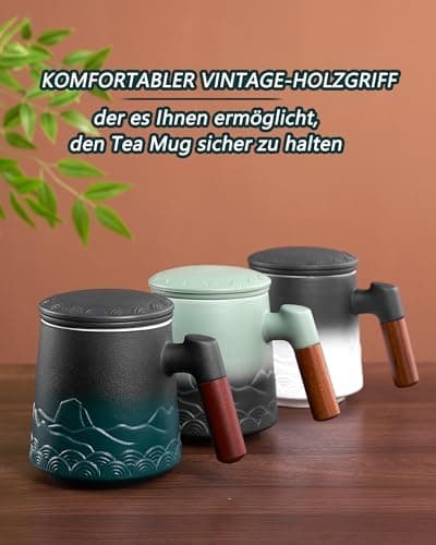 ZENS Teetasse mit Deckel und Teesieb für Tee Liebhaber bei\viewschiebung und Atemluft, 450ml, Große Holzgriff Matte Kera