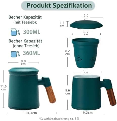 ZENS Teetasse mit Deckel und Sieb Geschenke für Teeliebhaber Matte Keramik 360 ml Holzgriff