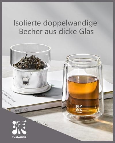 ZENS Modern Teekanne Glas mit Sieb für Teeliebhaber in Portable Tea Maker mit Isolierbecher