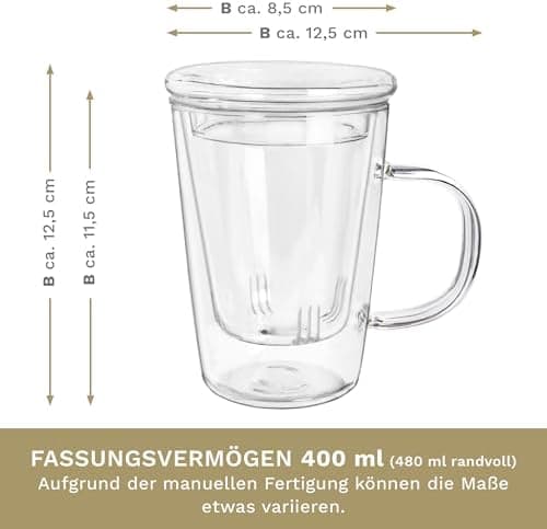Creano Teeglas All-In-One, große Teetasse mit Sieb und Deckel aus Glas für Tee liebende Frauen und Männer bei jeder Gele