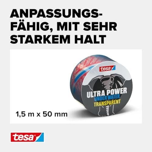 tesa Ultra Power Under Water Transparent - wasserfestes Klebeband für Pool, Zelt und Dachrinne - starke Abdichtungs- und