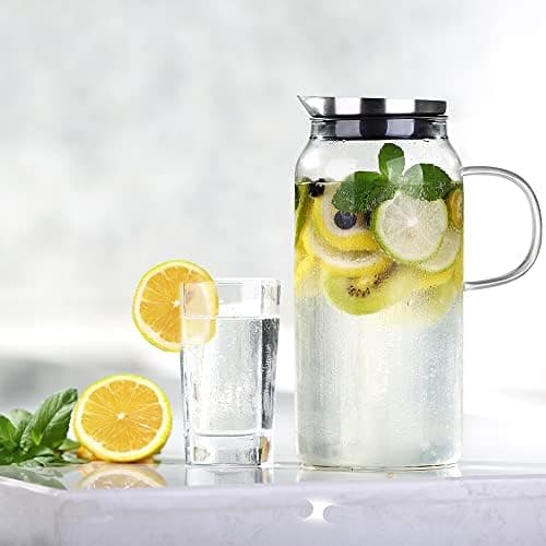 Eeco Glaskaraffe 1,5 Liter Edelstahldeckel Karaffe, ideal für Heißes und Kaltes Wasser, Getränke Büchse, Saft, Milch, Te