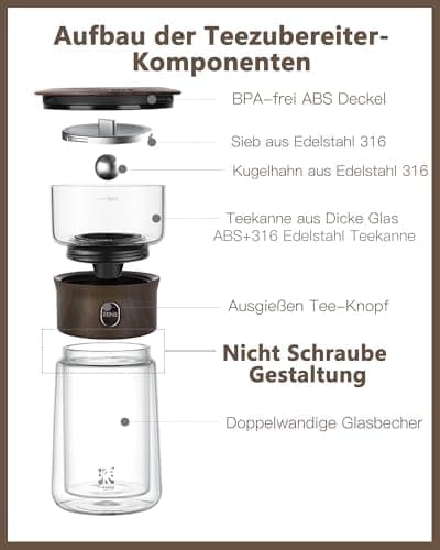 ZENS Modern Teekanne Glas mit Sieb für Teeliebhaber in Portable Tea Maker mit Isolierbecher