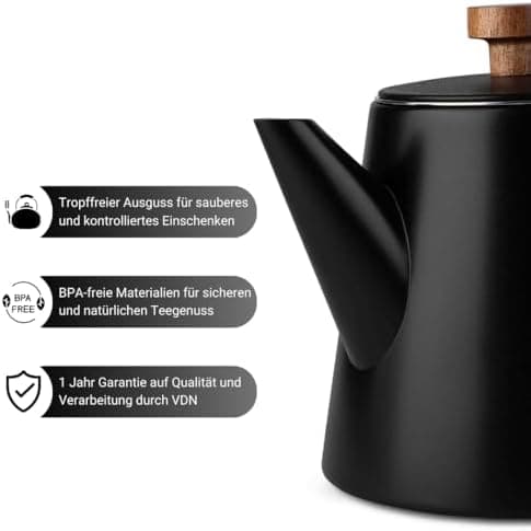 VDN Teekanne mit Siebeinsatz für 5-6 Tassen - Doppelwandig Edelstahl, 1L - Thermowarm bis zu 1h - Teebereiter für losen