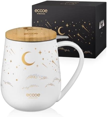 Ecoe Teetasse mit Deckel und Sieb - 600 ml Keramik Teetasse mit Edelstahl Sieb und Deckel, Schwarz Keramik Teebecher Set