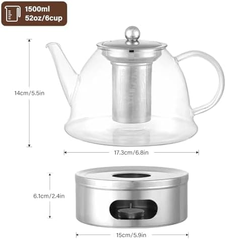 Kaffeekanne Glas-Teekanne 1500 ml mit Kerzenwärmer und Teesieb Geschenkbox