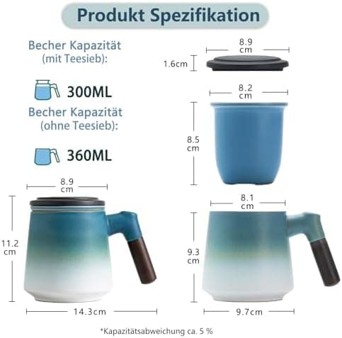 ZENS Teetasse mit Deckel und Teesieb für Tee Liebhaber bei\viewschiebung und Atemluft, 450ml, Große Holzgriff Matte Kera