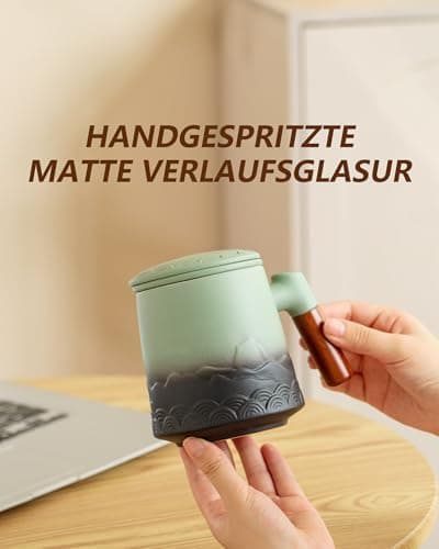 ZENS Teetasse mit Deckel und Teesieb für Tee Liebhaber bei\viewschiebung und Atemluft, 450ml, Große Holzgriff Matte Kera