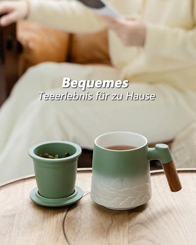 ZENS Teetasse mit Deckel und Teesieb für Tee Liebhaber bei\viewschiebung und Atemluft, 450ml, Große Holzgriff Matte Kera
