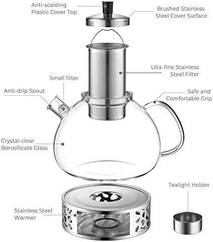 Ecooe 1,5L Teekanne Glas mit Stövchen und Teewärmer Edelstahl für Relaxen im Zuhause und beim Tee genießen
