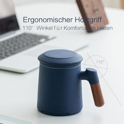 ZENS Teetasse mit Deckel und Sieb Geschenke für Teeliebhaber Matte Keramik 360 ml Holzgriff