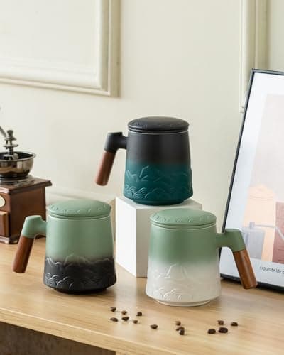 ZENS Teetasse mit Deckel und Teesieb für Tee Liebhaber bei\viewschiebung und Atemluft, 450ml, Große Holzgriff Matte Kera