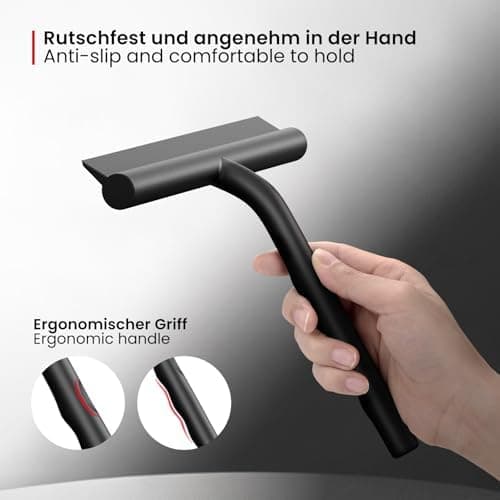 Ecoe Silikon Duschabzieher Schwarz, Abzieher Dusche mit Edelstahlhalterung, für Glas, Spiegel und Fenster, 21cm Breit, H