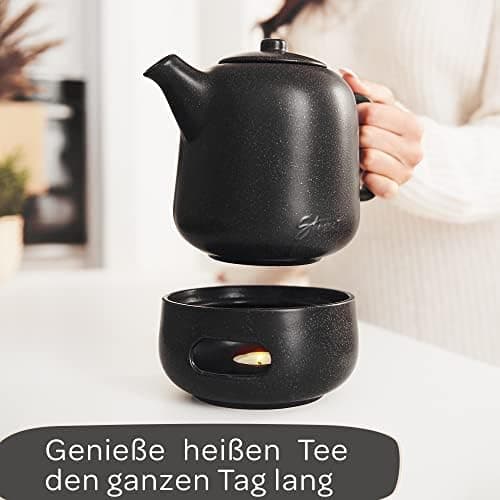STEINZEIT Design Teekanne Schwarz 1,3L Edelstahl Siebkeramik Glasur