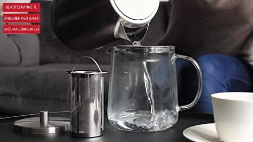 Glasteekanne 1L handgefertigt, hitzebeständig, für 4-8 Tassen, borosilikatetes Glas, herausnehmbares Edelstahl-Sieb