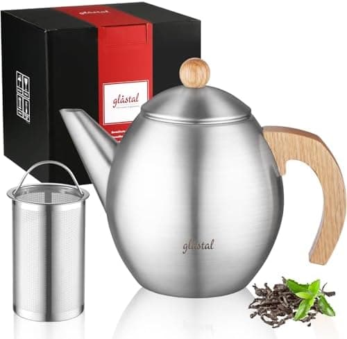 Glastal Schwarzes Teekännchen 1500ml Edelstahl Sieb Borosilicatglas geeignet für Teewärmertop