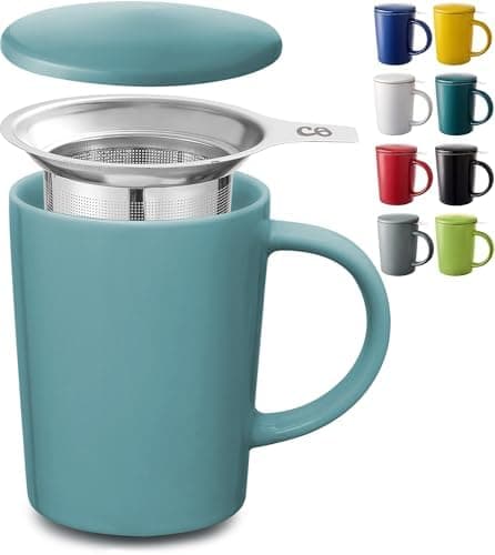 Cosumy Keramik Teetasse mit Sieb und Deckel - Hält lange warm - Spülmaschinenfest - Ideal für Tagesgebrauch - 400ml