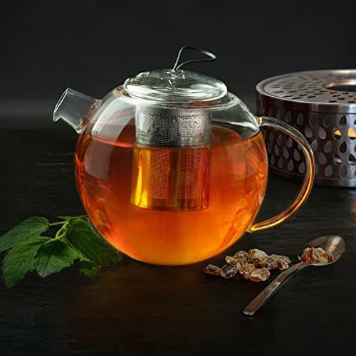 Creano Glas Teekanne 1,2l + Edelstahl Stövchen, ideal für Teezubereitung mit Losen Blüten