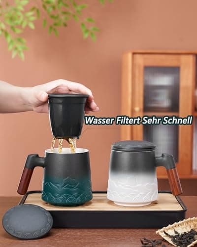 ZENS Teetasse mit Deckel und Teesieb für Tee Liebhaber bei\viewschiebung und Atemluft, 450ml, Große Holzgriff Matte Kera