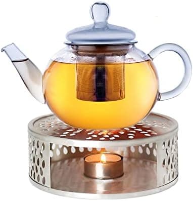 Creano Glas Teekanne 1,2l + Edelstahl Stövchen, ideal für Teezubereitung mit Losen Blüten