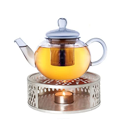 Creano Glas Teekanne 1,2l + Edelstahl Stövchen, ideal für Teezubereitung mit Losen Blüten