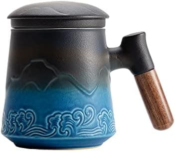 ZENS Teetasse mit Deckel und Teesieb für Tee Liebhaber bei\viewschiebung und Atemluft, 450ml, Große Holzgriff Matte Kera