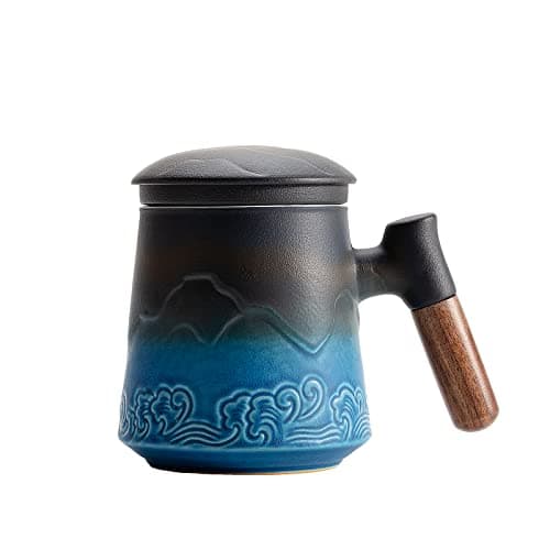 ZENS Teetasse mit Deckel und Teesieb für Tee Liebhaber bei\viewschiebung und Atemluft, 450ml, Große Holzgriff Matte Kera
