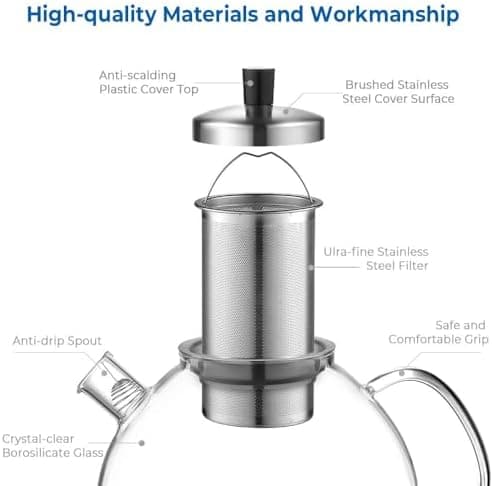 Ecooe Original 1500ml Bronzeschiefer Glass Tea Kettle Borosilicate Glass Tea Infuser with Removable 18/8 Stainless Steel