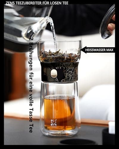 ZENS Modern Teekanne Glas mit Sieb für Teeliebhaber in Portable Tea Maker mit Isolierbecher