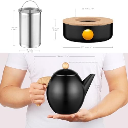 Glastal Schwarzes Teekännchen 1500ml Edelstahl Sieb Borosilicatglas geeignet für Teewärmertop