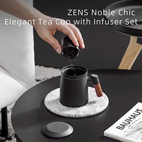 ZENS Teetasse mit Deckel und Sieb Geschenke für Teeliebhaber Matte Keramik 360 ml Holzgriff
