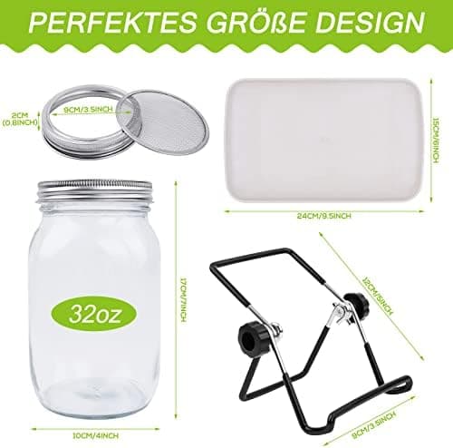 Sorliva Sprossenglas Keimglas 2er Set 1000ML Keimgerät mit Deckel Ständer und Abtropfschale Microgreen Alfalfa Samen