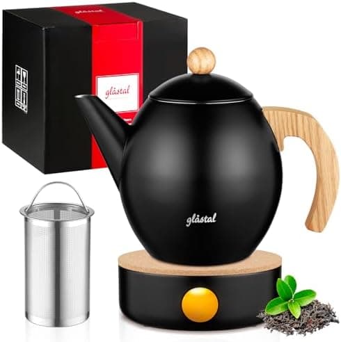 Glastal Schwarzes Teekännchen 1500ml Edelstahl Sieb Borosilicatglas geeignet für Teewärmertop