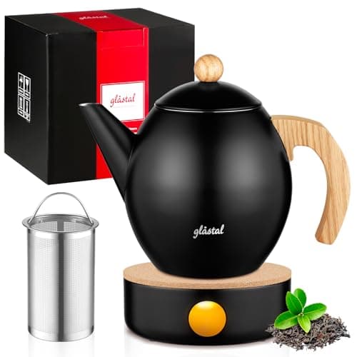 Glastal Schwarzes Teekännchen 1500ml Edelstahl Sieb Borosilicatglas geeignet für Teewärmertop