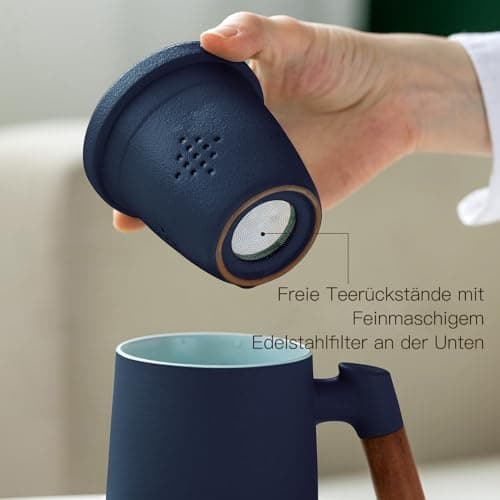 ZENS Teetasse mit Deckel und Sieb Geschenke für Teeliebhaber Matte Keramik 360 ml Holzgriff