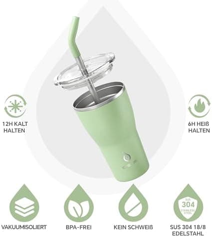 Ideaux Isolierbecher 14oz (420ml) | Doppelwandig | Eign. für Kaffee & Tee - Grün | Auslaufsicher | Reisebef. | Heiß & Ka