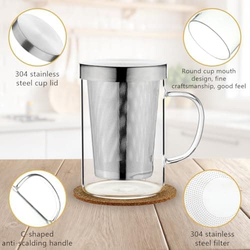 Grosser Teetee Becher mit Edelstahl Sieb und Deckel, 500ml Borosilikat Teeglas für Blumentee
| Borosilikat Teetasse mit