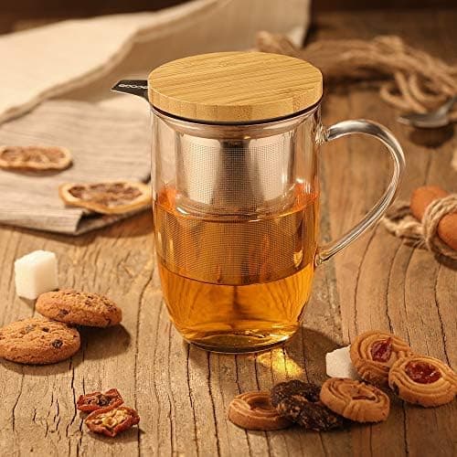 EcoOE 440 ml Borosilikat Teetasse mit Ultrafein Edelstahl Sieb und Natürlicher Bambus Deckel für Koffeinfreie Getränke