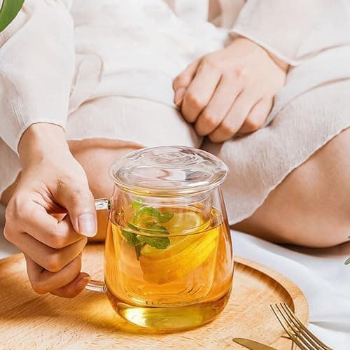 Borosilikatglas Teetasse mit Deckel und Sieb für Loser Tee
| Doppelwandige Glas Teetasse Groß 500ml für Blütentee
| Nie