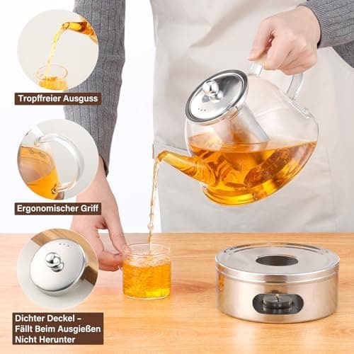 Kaffeekanne Glas-Teekanne 1500 ml mit Kerzenwärmer und Teesieb Geschenkbox