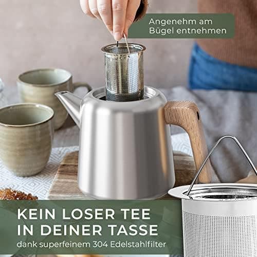 WALDWERK Tropffreie Teekanne 304 Edelstahl - IDEAL für Teebewerter - Holzgriffesignierungen - 1 Liter Doppelwandige Teek