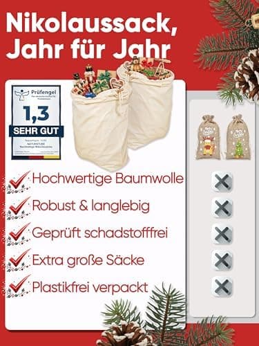 Wäschesack 2er Set 50 x 70 cm - Reise 100% Baumwolle OEKO-TEX zertifiziert, Wäschebeutel, Schmutzwäschebeutel