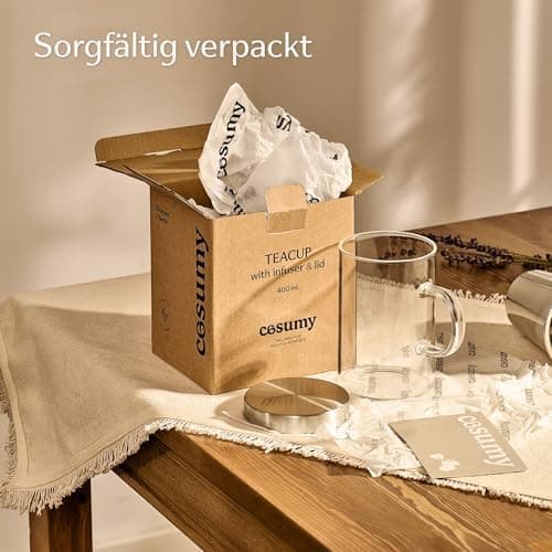 Cosumy Teetasse mit Deckel und Sieb - Ideal für Teebegeisterte - Feinmaschiger Filter & Großes Volumen 400ml - Borosilik